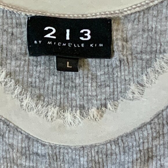 213 Michelle Kim Tank Top L Gray Rib Knit and Fringe Lace 30C - Picture 6 of 7